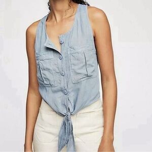 Free Peoplee Highway Cruisin Light Blue Tie front Top Small